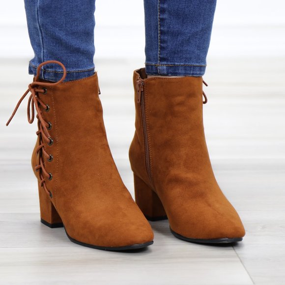 Brown Faux Suede Ankle Booties Side Laced Up - Picture 2 of 11